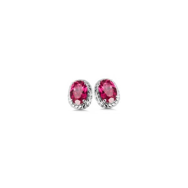 Rhodium Sterling Silver Stud Earrings with Two 6x4mm Created Rubies. Barnes Jewelers Goldsboro, NC