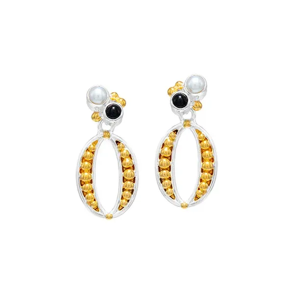 MICHOU  Oval Dangle Earrings, Sterling Silver and 22KT Gold Vermeil, Onyx and White Freshwater Pearl  20227051 Barnes Jewelers Goldsboro, NC