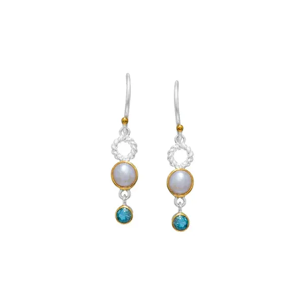 MICHOU  White Freshwater Pearl and Baby Blue Topaz Dangle Earrings, Sterling Silver and 22KY Gold Vermeil  20247011 Barnes Jewelers Goldsboro, NC