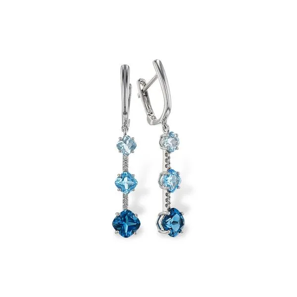 ALLISON KAUFMAN  Three Stone Blue Topaz and Diamond Dangle Earrings, 14KT White Gold, 2.41TGW Round Swiss, Sky and London Blue Topaz, 0.04CTTW Round D Barnes Jewelers Goldsboro, NC