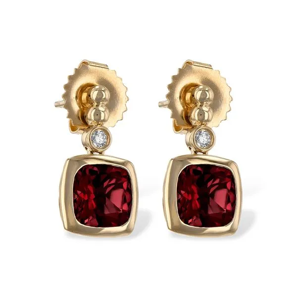 ALLISON KAUFMAN  Cushion Garnet Bezel Set Dangle Earrings, 14KT Yellow Gold, 1.68TGW Cushion Garnet, 0.04CTTW Round Diamonds  E1938 Barnes Jewelers Goldsboro, NC