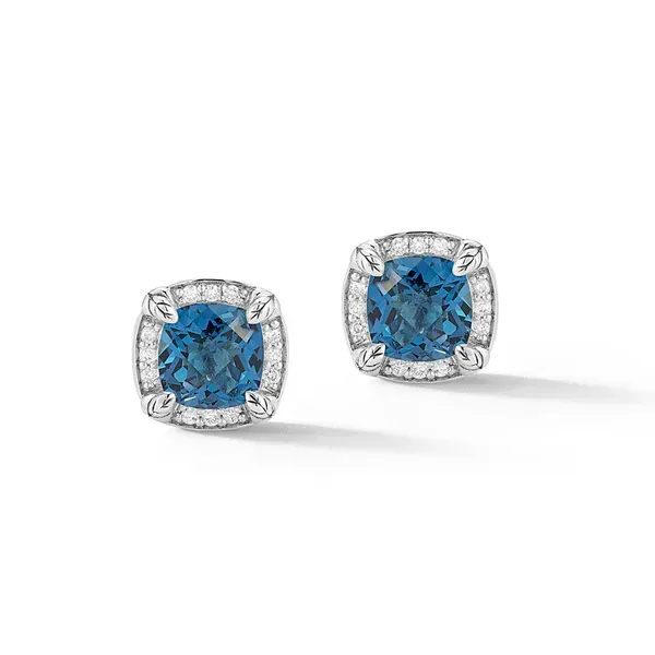 JAI  London Blue Topaz and Diamond Halo Stud Earrings, Sterling Silver, 6.00MM Cushion London Blue Topaz, Leverback  JJH6008E-LTDI Barnes Jewelers Goldsboro, NC