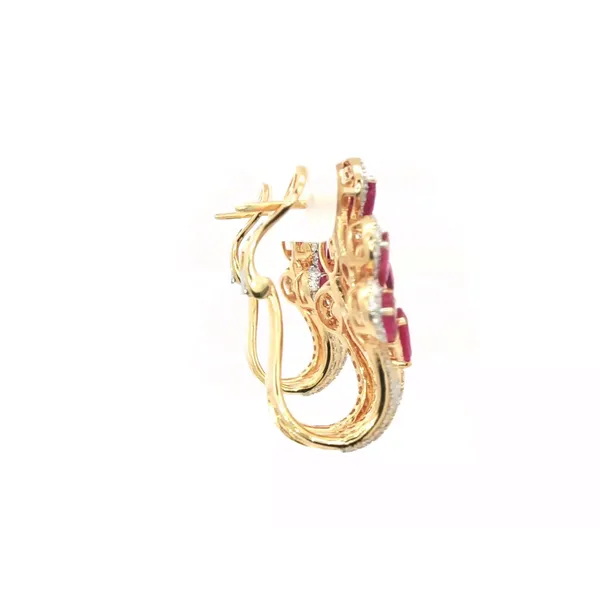 SOPRAFFINO  Ruby and Diamond Peacock Feather Hoop Earrings, 14KT Yellow and White Gold, 3.53TGW Pear Rubies, 1.65CTTW Round Diamonds, Color: G/H, Clar Image 2 Barnes Jewelers Goldsboro, NC