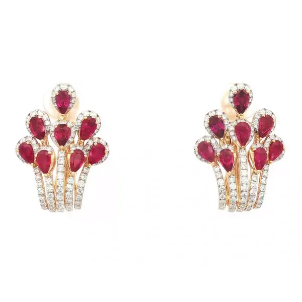 SOPRAFFINO  Ruby and Diamond Peacock Feather Hoop Earrings, 14KT Yellow and White Gold, 3.53TGW Pear Rubies, 1.65CTTW Round Diamonds, Color: G/H, Clar Barnes Jewelers Goldsboro, NC