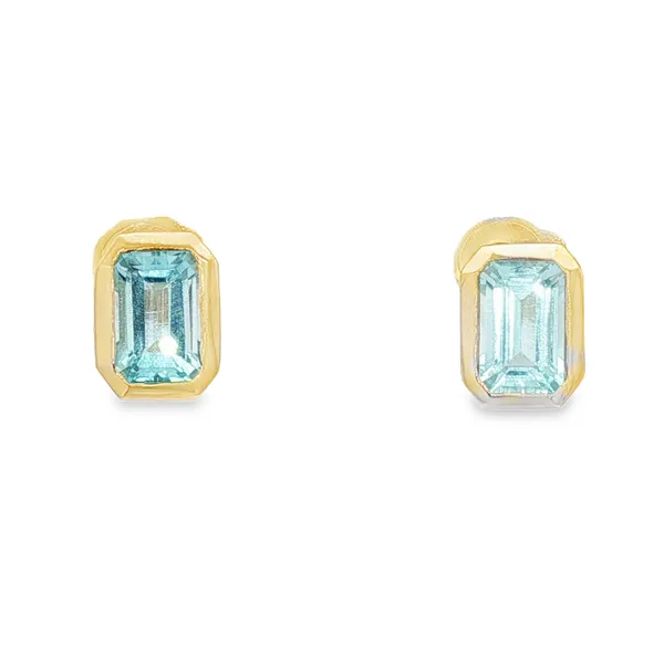 PARAGON  Bezel Swiss Blue Topaz Stud Earrings, 14KT Yellow Gold, 1.40TGW Emerald Swiss Blue Topaz  S7864SB-04 Barnes Jewelers Goldsboro, NC