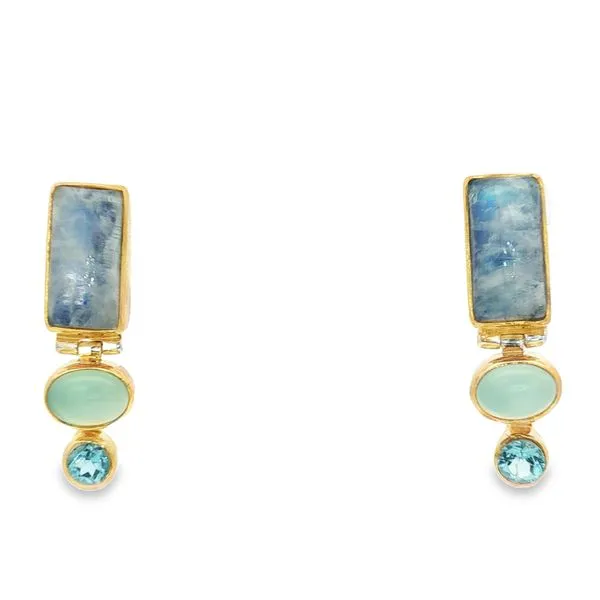 MICHOU  Multi-Stone Drop Earrings, Sterling Silver, 22KT Yellow Gold Vermeil, Rainbow Moonstone, Blue Agate, Blue Topaz  0201021C Barnes Jewelers Goldsboro, NC