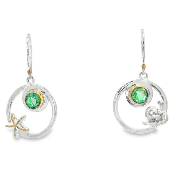 MICHOU  Turtle and Starfish Dangle Earrings, Sterling Silver, 22KT Yellow Gold Vermeil, Green CZ  20231191 Barnes Jewelers Goldsboro, NC