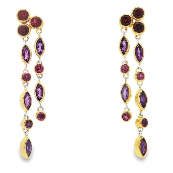 MICHOU  Multi-Stone Double Drop Dangle Earrings, Sterling Silver, 22KT Yellow Gold Vermeil, African Amethyst, Garnet, Rhodolite Garnet  20236031R Barnes Jewelers Goldsboro, NC