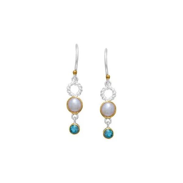MICHOU  White Freshwater Pearl and Baby Blue Topaz Dangle Earrings, Sterling Silver and 22KY Gold Vermeil  20247011 Barnes Jewelers Goldsboro, NC