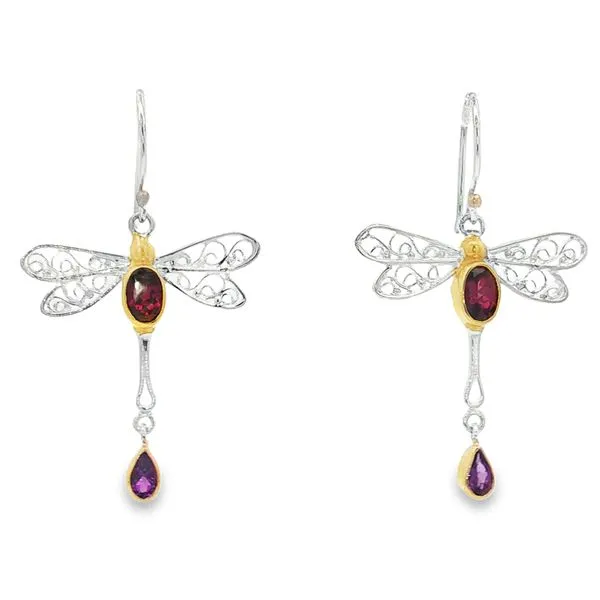 MICHOU  Dragonfly Dangle Earrings, Sterling Silver, 22KT Yellow Gold Vermeil, African Amethyst, Rhodolite Garnet  20253051 Barnes Jewelers Goldsboro, NC