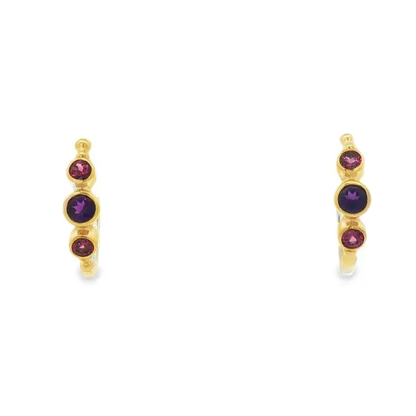 MICHOU  Three Stone Open Hoop Earrings, Sterling Silver, 22KT Yellow Gold Vermeil, African Amethyst, Rhodolite Garnet  20257011A Barnes Jewelers Goldsboro, NC