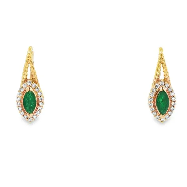 PARAGON  Emerald and Diamond Halo Dangle Earrings, 14KT Yellow Gold, 1.00TGW Marquise Emeralds, 0.36CTTW Round Diamonds  E3195EM-02 Barnes Jewelers Goldsboro, NC