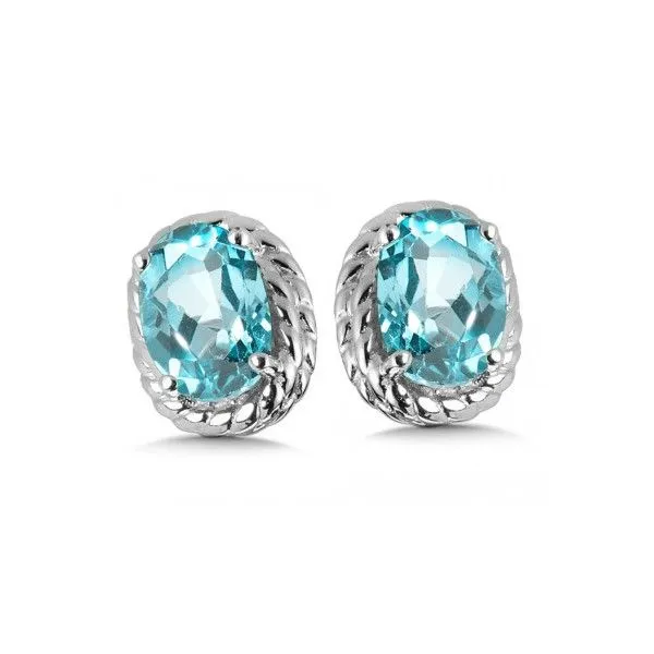 Rhodium Sterling Silver Stud Earrings w/ 2 6x4mm Aquamarines Barnes Jewelers Goldsboro, NC