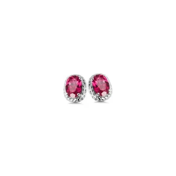 Rhodium Sterling Silver Stud Earrings with Two 6x4mm Created Rubies. Barnes Jewelers Goldsboro, NC
