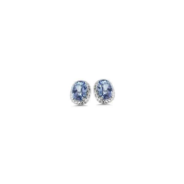 Rhodium Sterling Silver Stud Earrings with Two 6x4mm Created Blue Sapphires. Barnes Jewelers Goldsboro, NC
