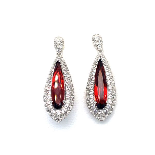 ITALGEM  Garnet and White Topaz Drop Stud Earrings, Sterling Silver, Rhodium, 3.48TGW Pear Garnets, 1.57TGW Round White Topaz  H37E154WGT2 Barnes Jewelers Goldsboro, NC
