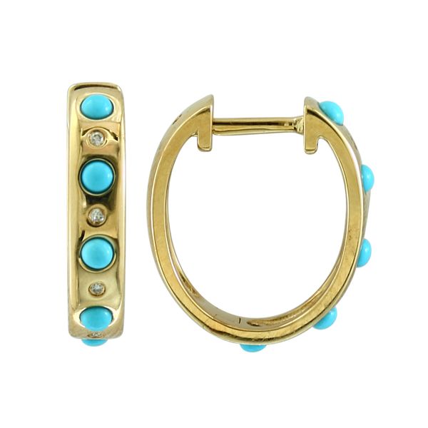 Turquoise & Diamond Small Hoop Earrings | 14KT Yellow Gold | Barnes Jewelers Goldsboro NC Barnes Jewelers Goldsboro, NC