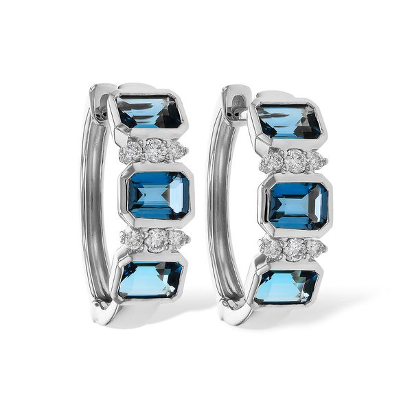 London Blue Topaz & Diamond Hoop Earrings | 14KT White Gold | Barnes Jewelers Goldsboro NC Barnes Jewelers Goldsboro, NC