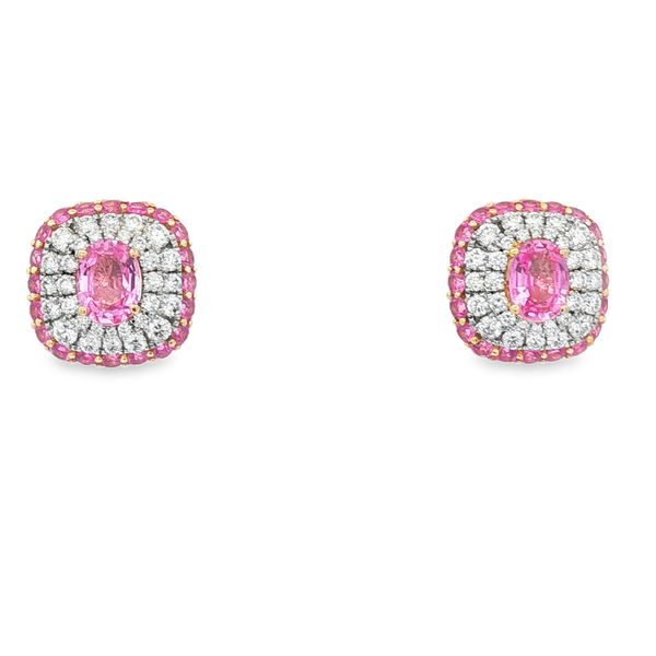Pink Sapphire & Diamond Halo Stud Earrings | 14KT Two-Tone Gold | Barnes Jewelers Goldsboro NC Barnes Jewelers Goldsboro, NC