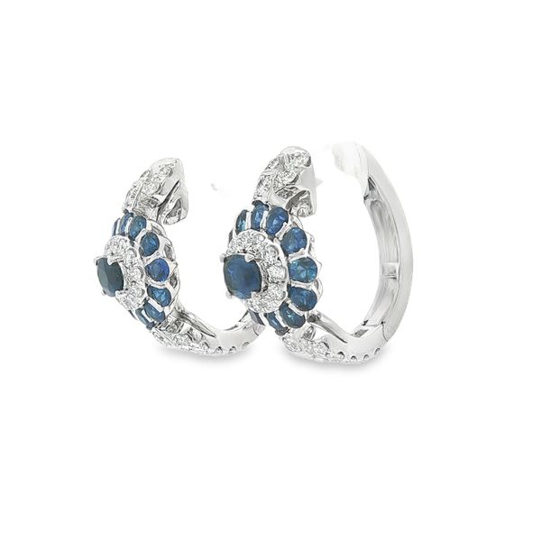 Sapphire & Diamond Double Halo Hoop Earrings | 14KT White Gold | Barnes Jewelers Goldsboro NC Image 2 Barnes Jewelers Goldsboro, NC