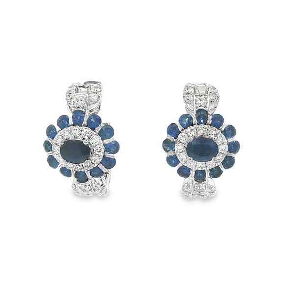 Sapphire & Diamond Double Halo Hoop Earrings | 14KT White Gold | Barnes Jewelers Goldsboro NC Barnes Jewelers Goldsboro, NC