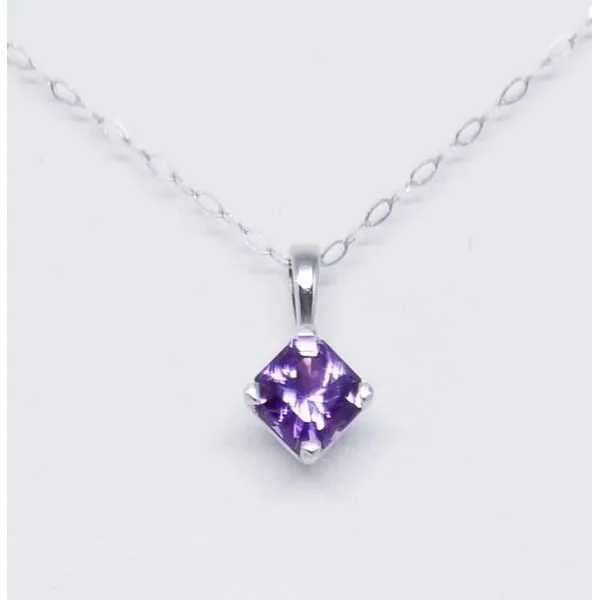 14K White Sapphire Pendant with One Princess Cut Purple Sapphire 0.37 ct. 14KW Lite Chain 18