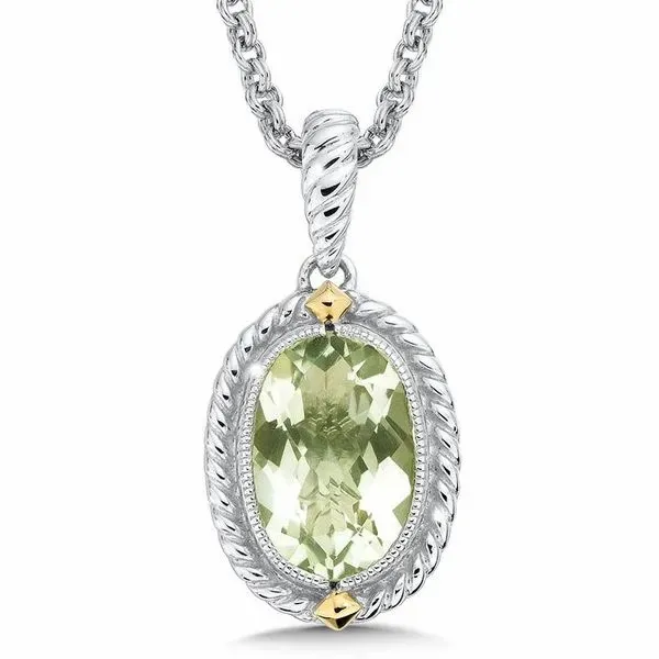 COLORE  Rhodium Sterling Silver & 18Ky Pendant w/Oval Green Amethyst Length 18