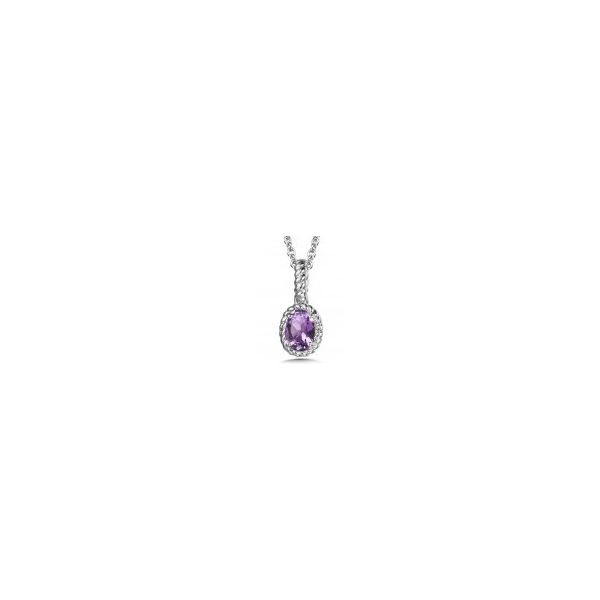 Rhodium Sterling Silver Pendant with One 7x5mm Amethyst. 18