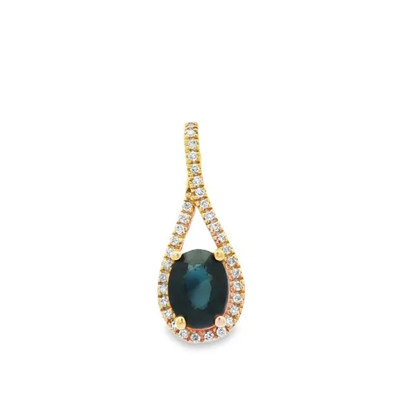 PARAGON  Sapphire and Diamond Drop Pendant, 14KT Yellow Gold, 1.75TGW Oval Sapphire, 0.18CTTW Round Diamonds  P4352SA-02 Barnes Jewelers Goldsboro, NC
