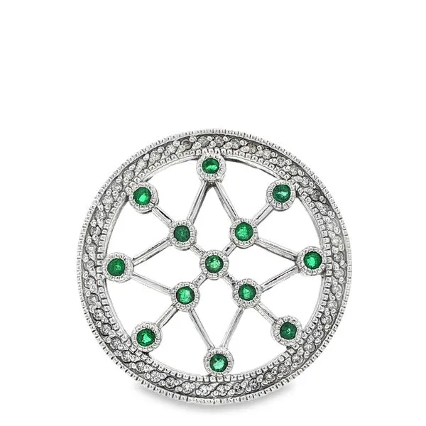 PARAGON  Openwork Emerald and Diamond Circle Pendant, 14KT White Gold, 0.50TGW Round Emeralds, 0.43CTTW Round Diamonds  P4245EM-01 Barnes Jewelers Goldsboro, NC