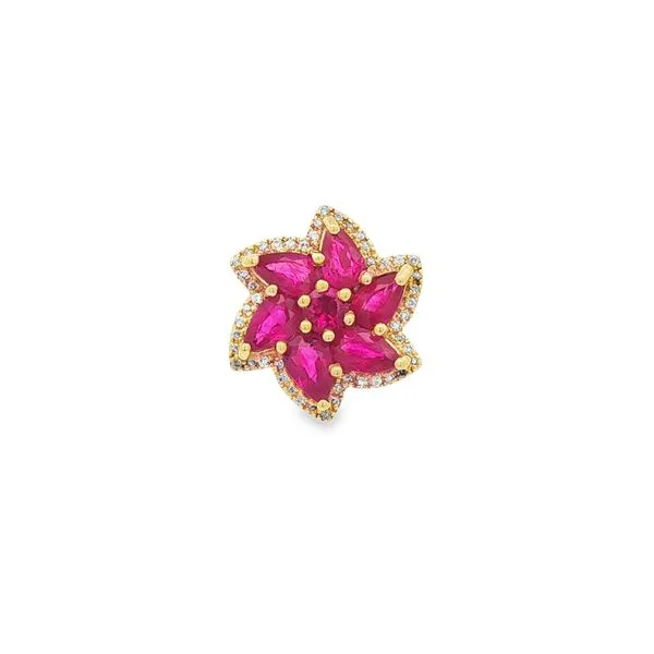 PARAGON  Ruby and Diamond Floral Pendant, 14KT Yellow Gold, 2.00TGW Pear and Round Rubies, 0.14CTTW Round Diamonds  P4375RU-01 Barnes Jewelers Goldsboro, NC