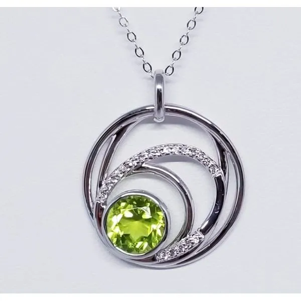 Rhodium Sterling Silver Fashion Necklace with One Round 2.13ct Peridot and 0.15tw White Topaz. Chain Length 16