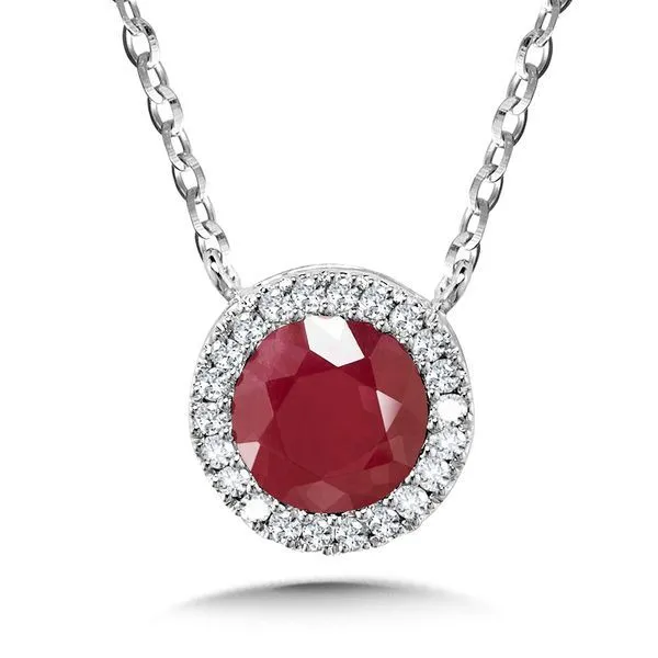 SDC  Ruby and Diamond Halo Necklace, 14KT White Gold, 0.65TGW Round Ruby, 0.05CTTW Round Diamonds, 18