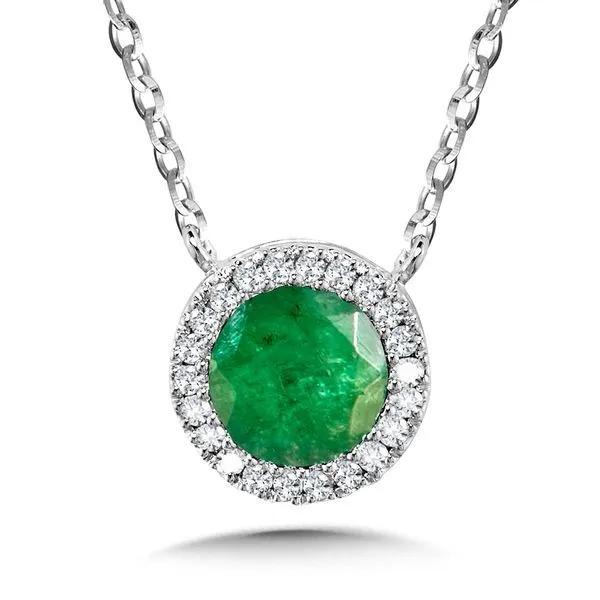 SDC  Emerald and Diamond Halo Necklace, 14KT White Gold, 0.50TGW Round Emerald, 0.05CTTW Round Diamonds, 18