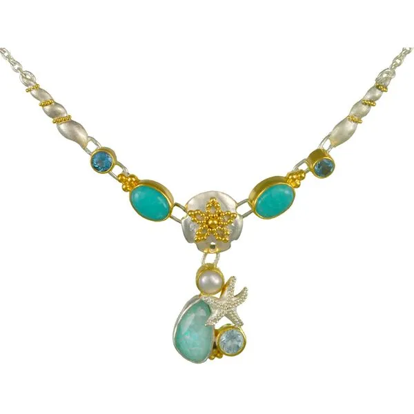 MICHOU  Starfish and Sand Dollar Collar Necklace, Sterling Silver and 22KT Gold Vermeil, Amazonite, Baby Blue Topaz, White Freshwater Pearl and Sky Bl Barnes Jewelers Goldsboro, NC