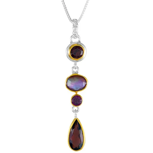 MICHOU  Cascading Dangle Necklace, Sterling Silver and 22KT Gold Vermeil, Garnet, Mother of Pearl + Gava + white Quartz and Rhodolite Garnet, 18