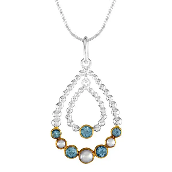 MICHOU  Teardrop Dangle Necklace, Sterling Silver and 22KT Gold Vermeil, White Freshwater Pearl and Sky Blue Topaz, 18