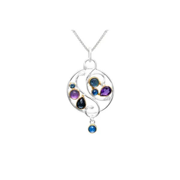 MICHOU  Round Cascading Necklace, Sterling Silver and 22KT Gold Vermeil, African Amethyst, Blue Kyanite, Mystic Fire Quartz, Mother of Pearl + onyx +  Barnes Jewelers Goldsboro, NC
