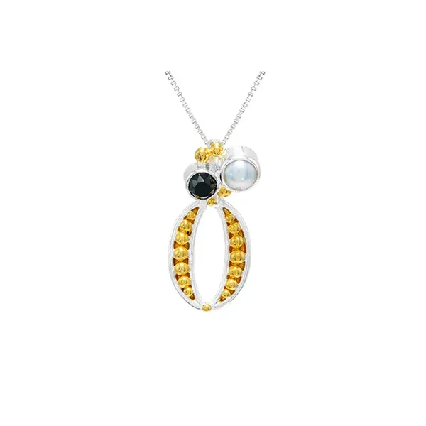 MICHOU  Oval Dangle Necklace, Sterling Silver and 22KT Gold Vermeil, White Freshwater Pearl and Onyx, 18