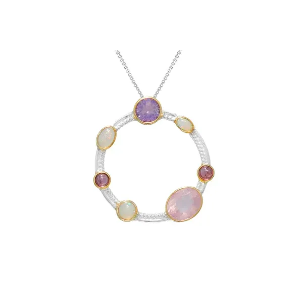 MICHOU  Circle Multi-Stone Necklace, Sterling Silver and 22KT Gold Vermeil, Ethiopian Opal, Pink Tourmaline, Rose De France and Rose Quartz, 18