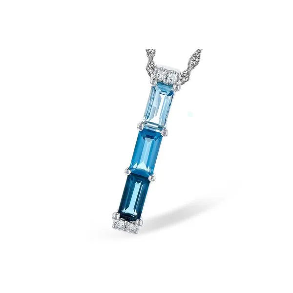 ALLISON KAUFMAN  Three Stone Blue Topaz Necklace, 14KT White Gold, 1.26TGW Baguette Sky Blue, Swiss Blue and London Blue Topaz, 0.04CTTW Round Diamond Barnes Jewelers Goldsboro, NC