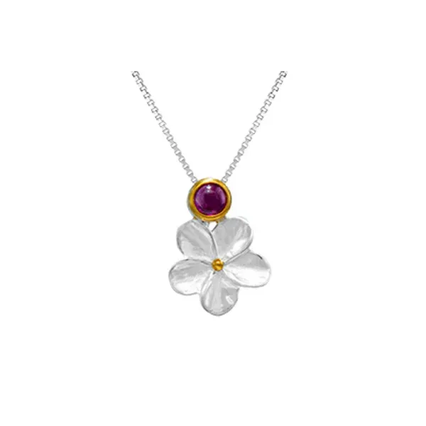 MICHOU  Flower Pendant with Bezel Set Rhodolite Garnet, Sterling Silver and 14KT Yellow Gold, 18