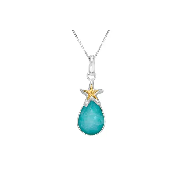 MICHOU  Starfish Teardrop Dangle Necklace, Sterling Silver and 14KT Yellow Gold, Amazonite + Mother of Pearl, 18