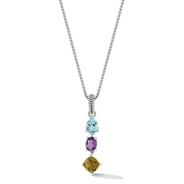JAI  Multi-Gemstone Necklace, Sterling Silver, SEA, Blue Topaz, Amethyst, Olive Quartz, 1.6MM Box Chain, 18