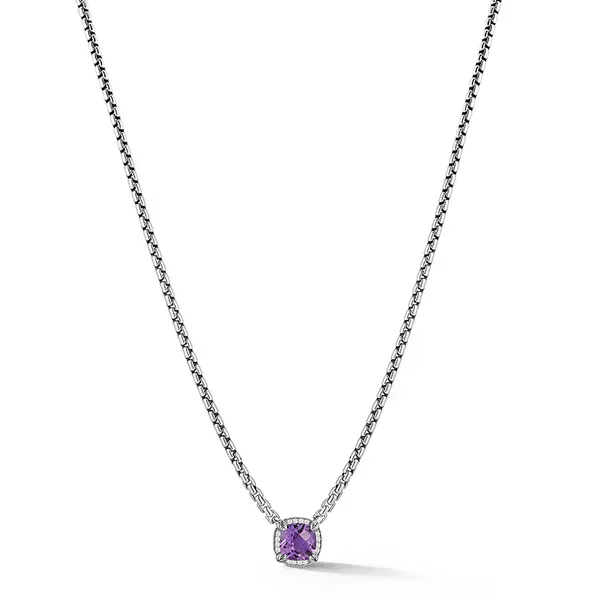 JAI  Amethyst and Diamond Halo Necklace, Sterling Silver, 8.00MM Cushion Amethyst, 16