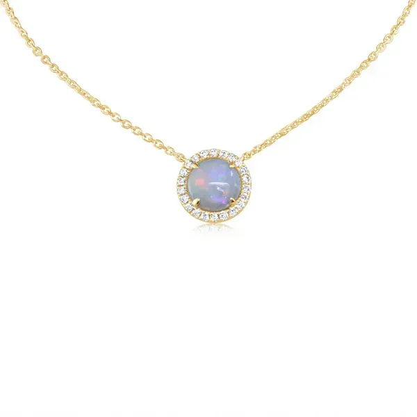 PARLE  Australian Opal and Diamond Halo Necklace, 14KT Yellow Gold, 0.54TGW Round Australian Opal, 0.12CTTW Round Diamonds, 18
