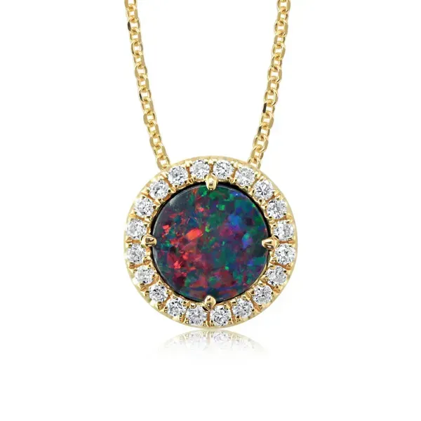 PARLE  Australian Opal Doublet and Diamond Halo Necklace, 14KT Yellow Gold, 0.50TGW Round Opal Doublet, 0.12CTTW Round Diamonds, 18