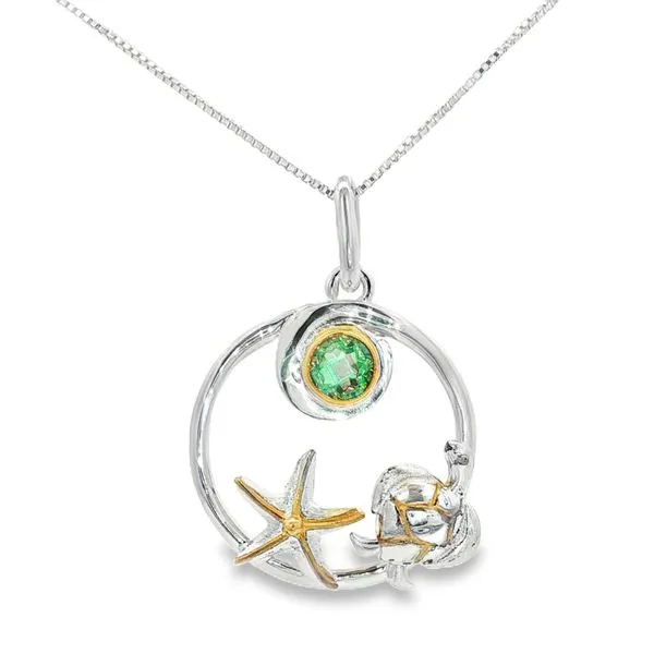 MICHOU  Turtle and Starfish Necklace, Sterling Silver, 22KT Yellow Gold Vermeil, Green CZ, 18
