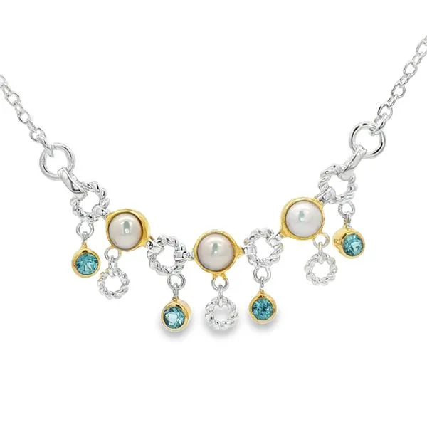 MICHOU  White Freshwater Pearl and Baby Blue Topaz Necklace, Sterling Silver and 22KT Gold Vermeil, 18