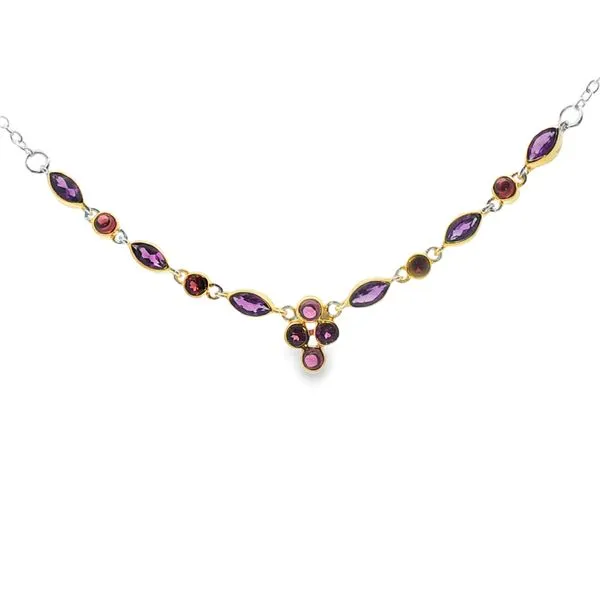 MICHOU  Multi-Stone Cascading Necklace, Sterling Silver, 22KT Yellow Gold Vermeil, African Amethyst, Garnet , Rhodolite Garnet, 18